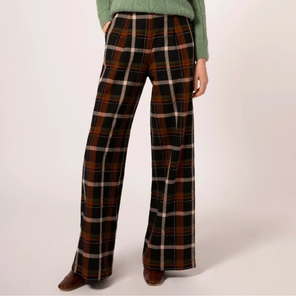 FRNCH Pants - FRNCH Paris Women's Philo Woven Black Ivory Rust Plaid Pants Small 100% Cotton S